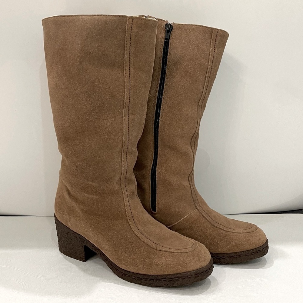 Vintage Naturalizer Tan Suede Sheep Wool Lining Zip Up High Boots Size 8.5 bin3b